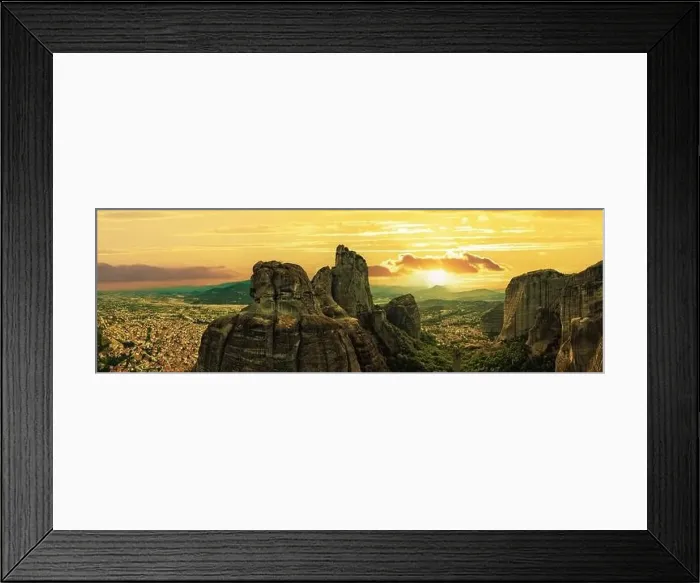 Framed Print : Meteora Greece panorama. Sunset and orange sky over Kalabaka town. Rock formations landscape, Europe travel destination Framed Print : Meteora Greece panorama. Sunset and orange sky over Kalabaka town. Rock formations landscape, Europe travel destination
