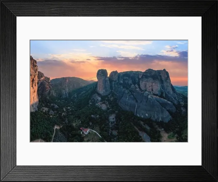 Framed Print : Meteora Greece rock formations at sunset. Colorful sky with clouds over rocky landscape. Europe travel destination Framed Print : Meteora Greece rock formations at sunset. Colorful sky with clouds over rocky landscape. Europe travel destination