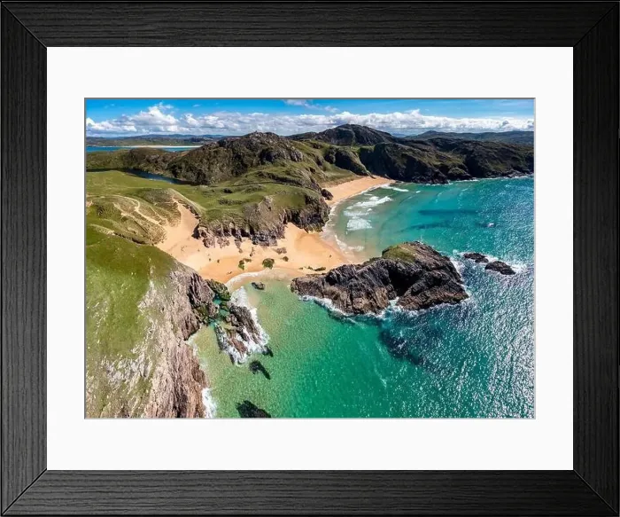 Framed Print : Aerial view of the Murder Hole beach, officially called Boyeghether Bay in County Donegal, Ireland Framed Print : Aerial view of the Murder Hole beach, officially called Boyeghether Bay in County Donegal, Ireland