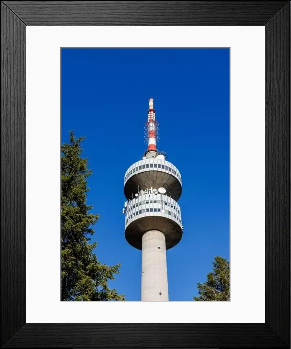 Framed Print : The high tourist observation tower Snezhana on the mountain peak of Snezhana covered with evergreen spruce dense Framed Print : The high tourist observation tower Snezhana on the mountain peak of Snezhana covered with evergreen spruce dense