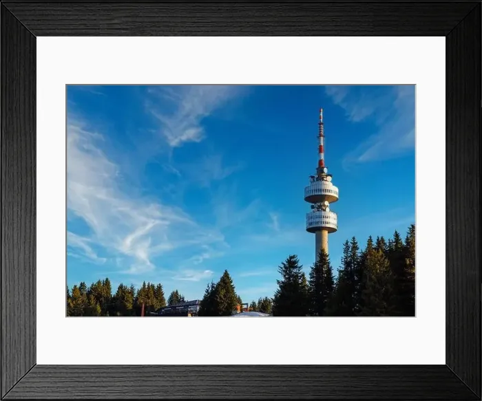 Framed Print : The high tourist observation tower Snezhana on the mountain peak of Snezhana covered with evergreen spruce dense Framed Print : The high tourist observation tower Snezhana on the mountain peak of Snezhana covered with evergreen spruce dense