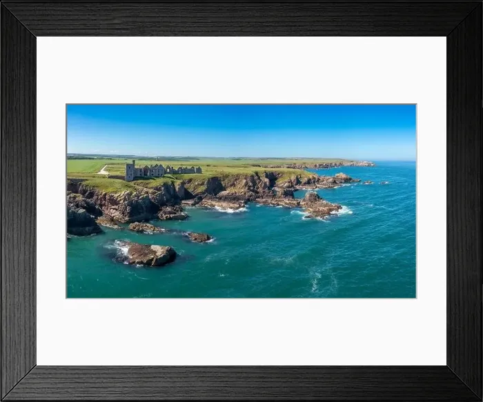 Framed Print : Cruden Bay, United Kingdom - 23 June, 2022: panorama drone view of Slains Castle and the wild coast of Aberdeenshire