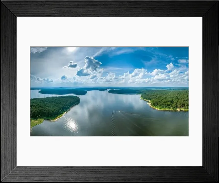 Framed Print : Big lake with green shores in bright sun light Framed Print : Big lake with green shores in bright sun light