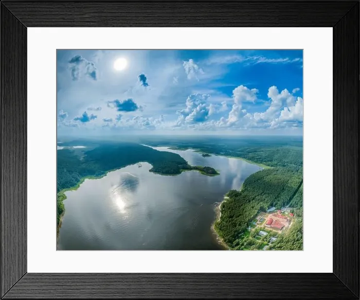 Framed Print : Big lake with green shores in bright sun light Framed Print : Big lake with green shores in bright sun light