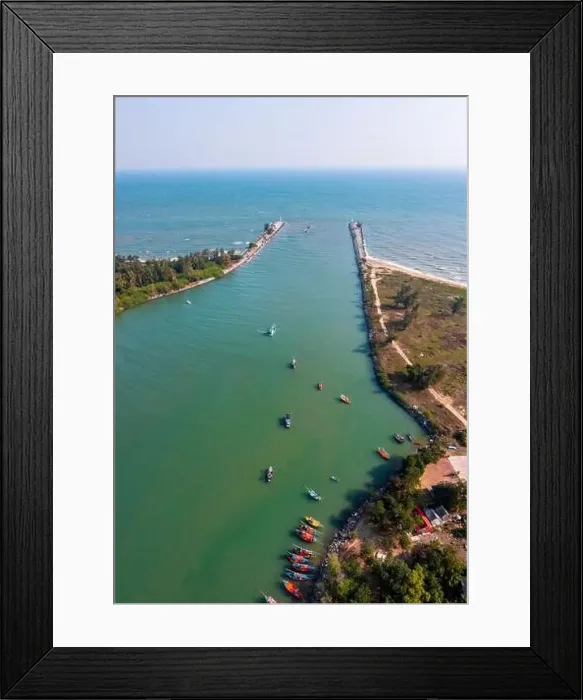 Framed Print : Aerial view of Pak Nam Pranburi Estuary in Prachuap Khiri Khan, Thailand Framed Print : Aerial view of Pak Nam Pranburi Estuary in Prachuap Khiri Khan, Thailand