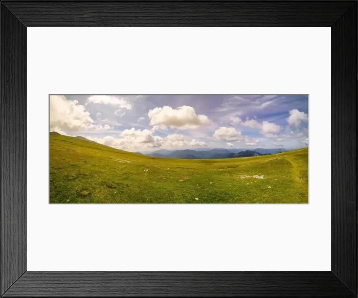 Framed Print : Beautiful panoramic view of the Pyrenees with green meadows and golden sunset, Spain Framed Print : Beautiful panoramic view of the Pyrenees with green meadows and golden sunset, Spain