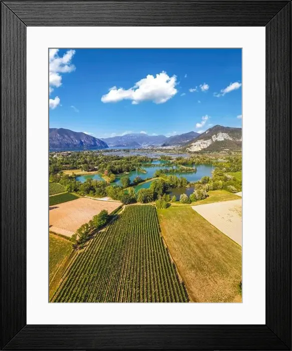 Framed Print : Vertical panoramic aerial view of Franciacorta countryside in summer season Framed Print : Vertical panoramic aerial view of Franciacorta countryside in summer season