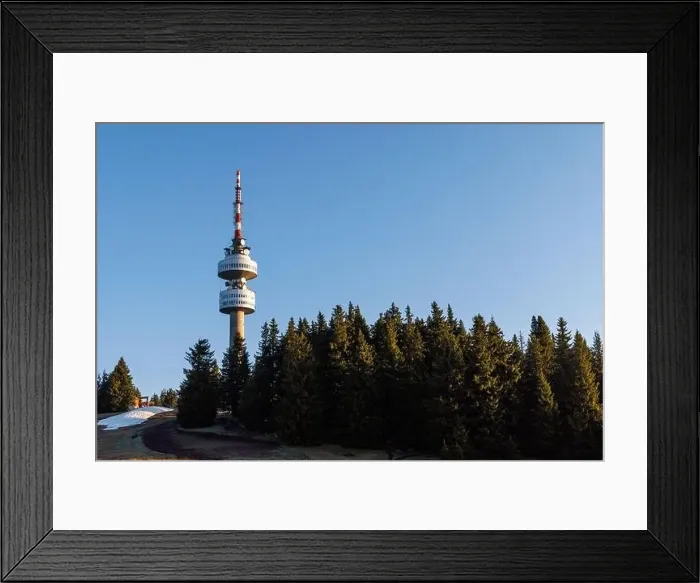 Framed Print : The high tourist observation tower Snezhana on the mountain peak of Snezhana covered with evergreen spruce dense Framed Print : The high tourist observation tower Snezhana on the mountain peak of Snezhana covered with evergreen spruce dense
