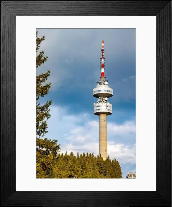Framed Print : The high tourist observation tower Snezhana on the mountain peak of Snezhana covered with evergreen spruce dense Framed Print : The high tourist observation tower Snezhana on the mountain peak of Snezhana covered with evergreen spruce dense