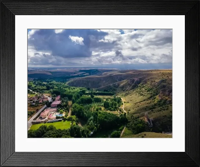 Framed Print : Aerial view of the valley formed by hills and buildings at the bottom of the ravine, Spain Framed Print : Aerial view of the valley formed by hills and buildings at the bottom of the ravine, Spain