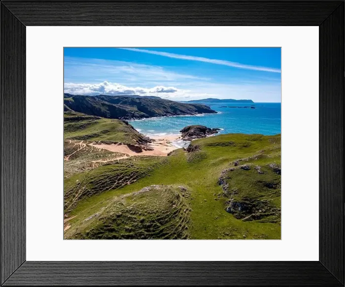 Framed Print : Aerial view of the Murder Hole beach, officially called Boyeghether Bay in County Donegal, Ireland Framed Print : Aerial view of the Murder Hole beach, officially called Boyeghether Bay in County Donegal, Ireland