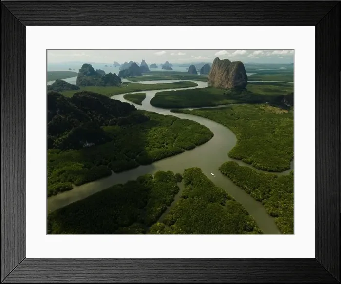 Framed Print : Aerial view of a swerving river through a series of limestones in Phang Nga Bay Framed Print : Aerial view of a swerving river through a series of limestones in Phang Nga Bay