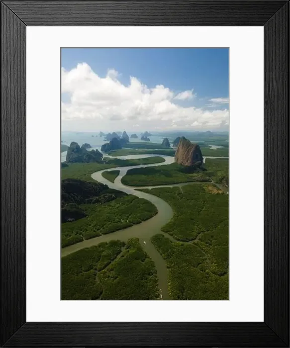 Framed Print : Aerial view of a swerving river through a series of limestones in Phang Nga Bay Framed Print : Aerial view of a swerving river through a series of limestones in Phang Nga Bay