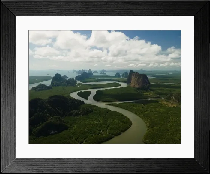 Framed Print : Aerial view of a swerving river through a series of limestones in Phang Nga Bay Framed Print : Aerial view of a swerving river through a series of limestones in Phang Nga Bay
