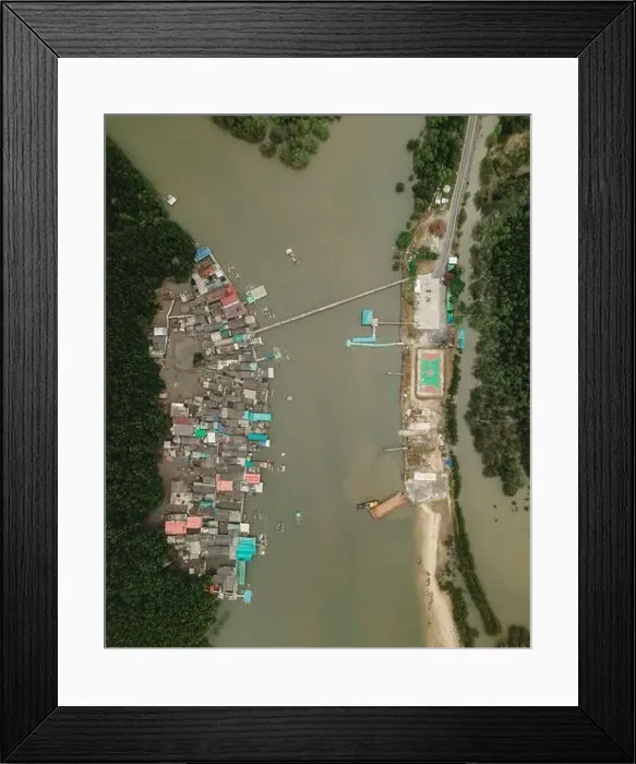 Framed Print : Aerial view of a small fishing town in the mangrove jungle Framed Print : Aerial view of a small fishing town in the mangrove jungle