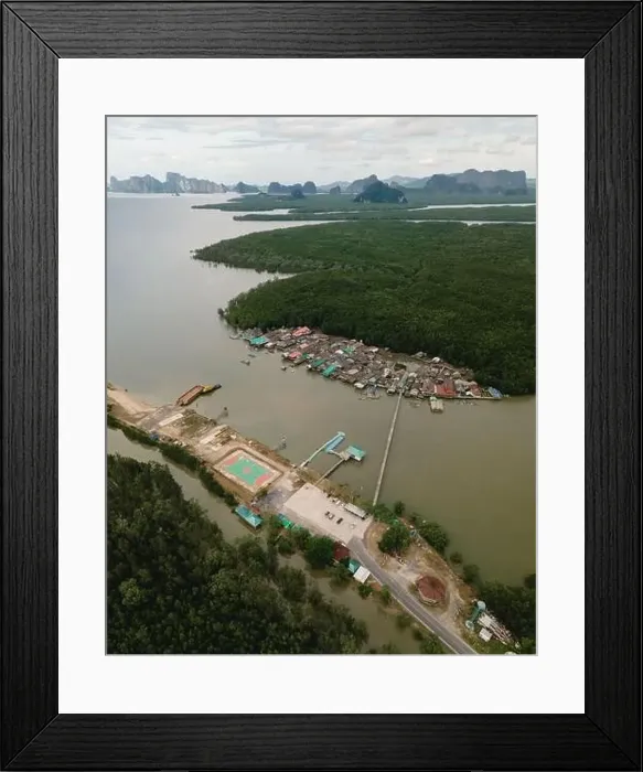 Framed Print : Aerial view of a small fishing town in the mangrove jungle Framed Print : Aerial view of a small fishing town in the mangrove jungle