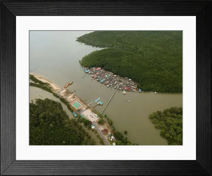 Framed Print : Aerial view of a small fishing town in the mangrove jungle Framed Print : Aerial view of a small fishing town in the mangrove jungle
