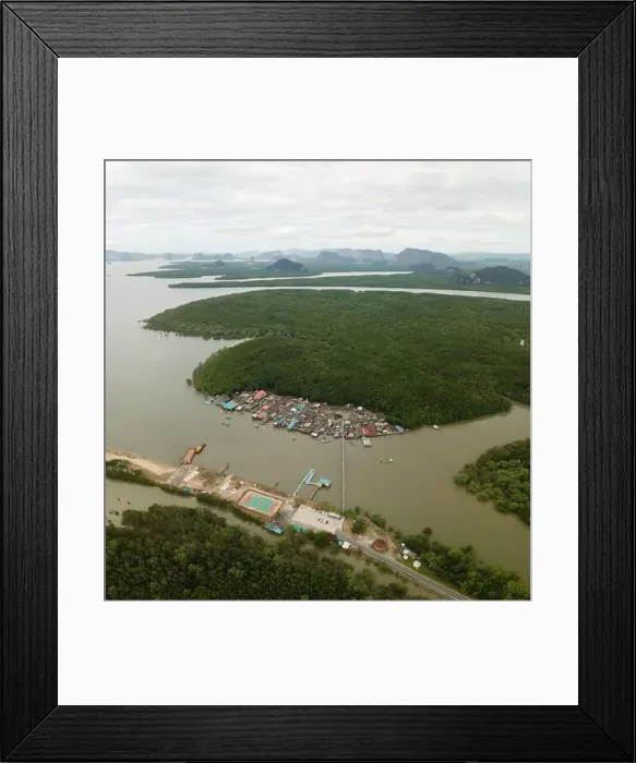 Framed Print : Aerial view of a small fishing town in the mangrove jungle Framed Print : Aerial view of a small fishing town in the mangrove jungle