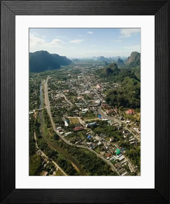 Framed Print : Aerial view of the town of Phang Nga tucked in between limestones Framed Print : Aerial view of the town of Phang Nga tucked in between limestones
