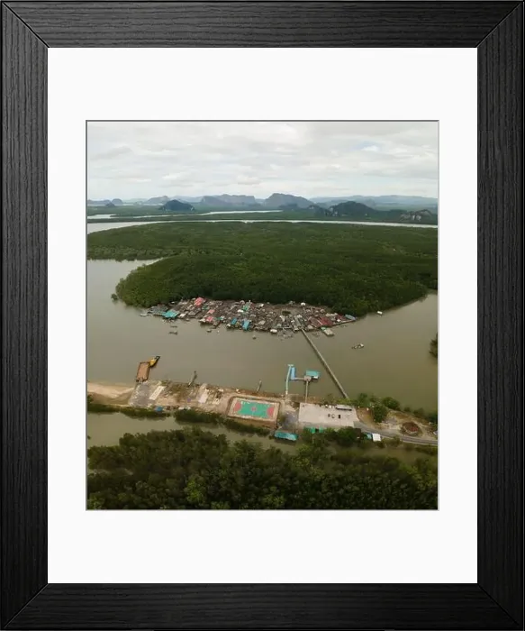Framed Print : Aerial view of a small fishing town in the mangrove jungle Framed Print : Aerial view of a small fishing town in the mangrove jungle