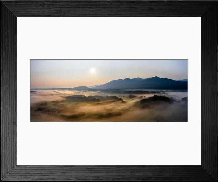 Framed Print : Sunset Panorama with drone at the Bavarian Alps. Mist and fog at the ground Framed Print : Sunset Panorama with drone at the Bavarian Alps. Mist and fog at the ground
