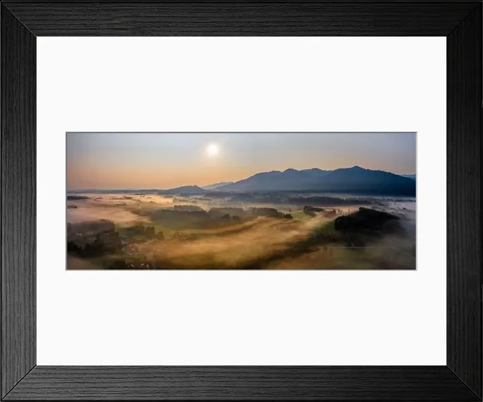Framed Print : Sunset Panorama with drone at the Bavarian Alps. Mist and fog at the ground Framed Print : Sunset Panorama with drone at the Bavarian Alps. Mist and fog at the ground