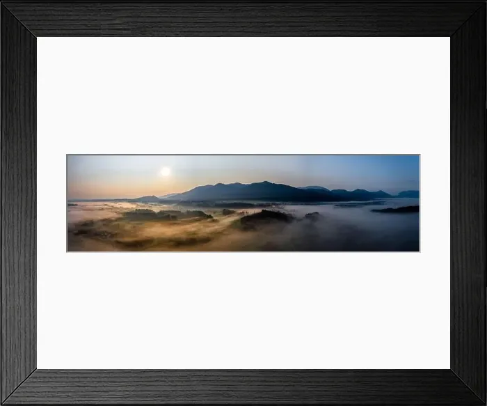Framed Print : Sunset Panorama with drone at the Bavarian Alps. Mist and fog at the ground Framed Print : Sunset Panorama with drone at the Bavarian Alps. Mist and fog at the ground