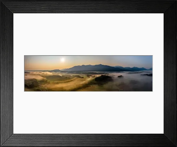Framed Print : Sunset Panorama with drone at the Bavarian Alps. Mist and fog at the ground Framed Print : Sunset Panorama with drone at the Bavarian Alps. Mist and fog at the ground