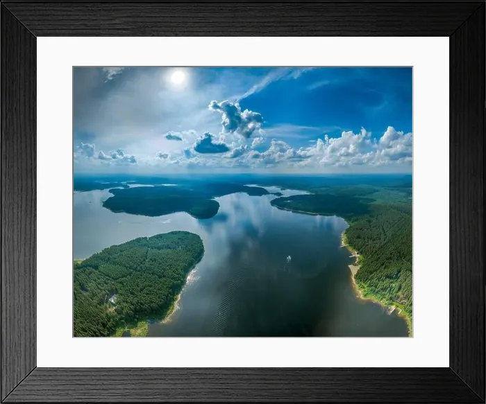 Framed Print : Big lake with green shores in bright sun light Framed Print : Big lake with green shores in bright sun light