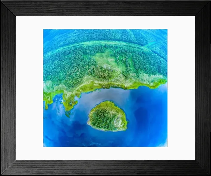 Framed Print : Big lake and island with green shores with morning fog in dawn Framed Print : Big lake and island with green shores with morning fog in dawn
