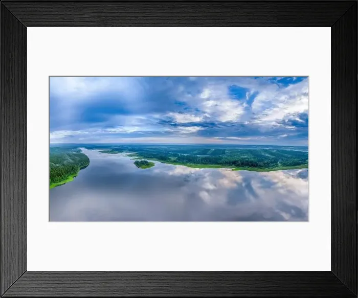 Framed Print : Big lake and island with green shores with morning fog in dawn Framed Print : Big lake and island with green shores with morning fog in dawn