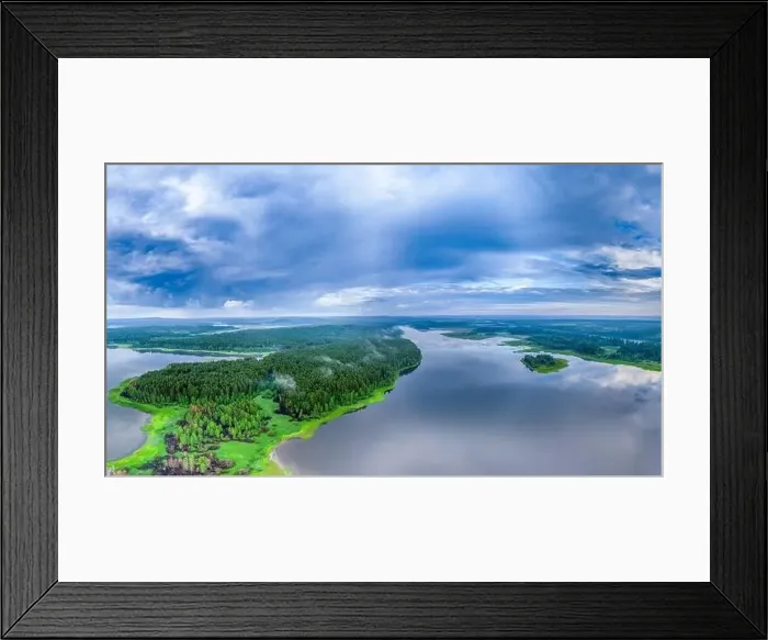 Framed Print : Big lake with green shores in bright sun light Framed Print : Big lake with green shores in bright sun light