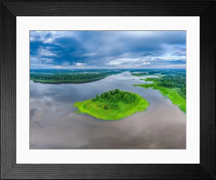 Framed Print : Big lake and island with green shores with morning fog in dawn Framed Print : Big lake and island with green shores with morning fog in dawn