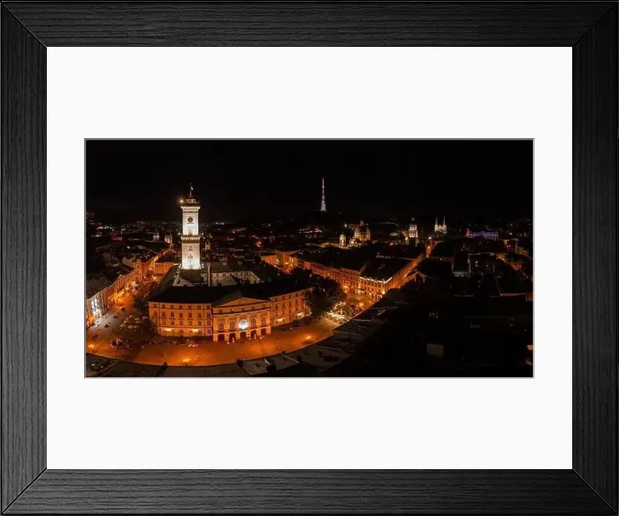 Framed Print : Aerial view on Lviv city hall at night from drone Framed Print : Aerial view on Lviv city hall at night from drone