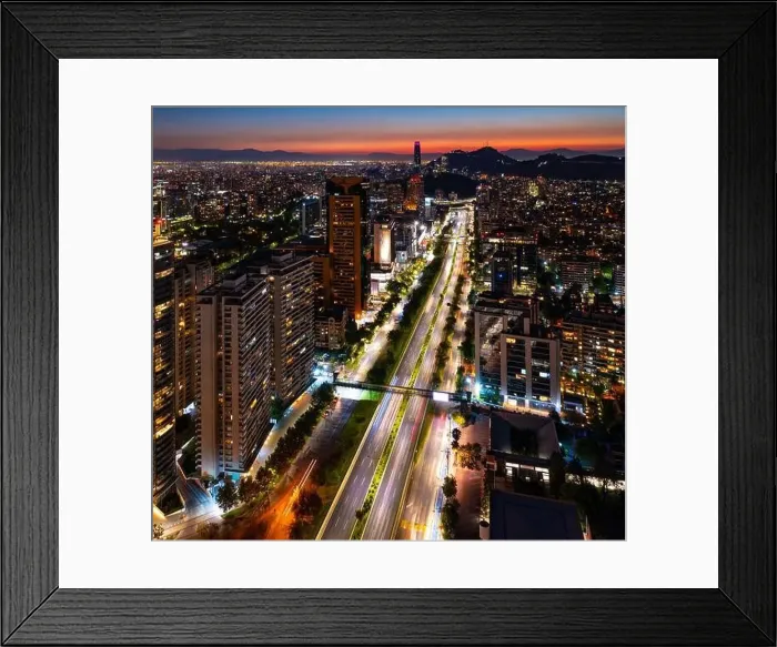 Framed Print : aerial view kennedy avenue in Santiago de Chile. blue hour after sunset Framed Print : aerial view kennedy avenue in Santiago de Chile. blue hour after sunset