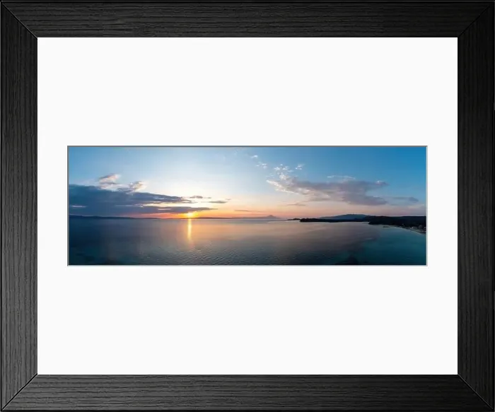 Framed Print : Sunrise over calm ocean aerial panoramic view Framed Print : Sunrise over calm ocean aerial panoramic view