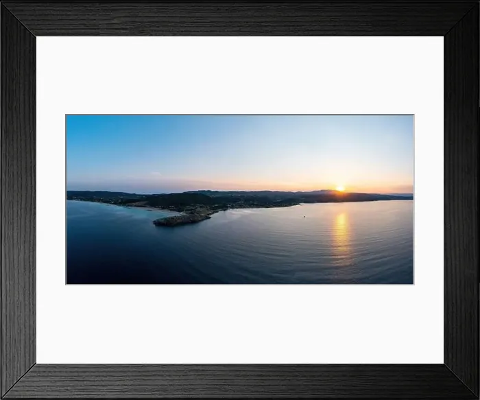 Framed Print : Sithonia Chalkidiki, Greece. Sunrise over calm ocean aerial drone view Framed Print : Sithonia Chalkidiki, Greece. Sunrise over calm ocean aerial drone view