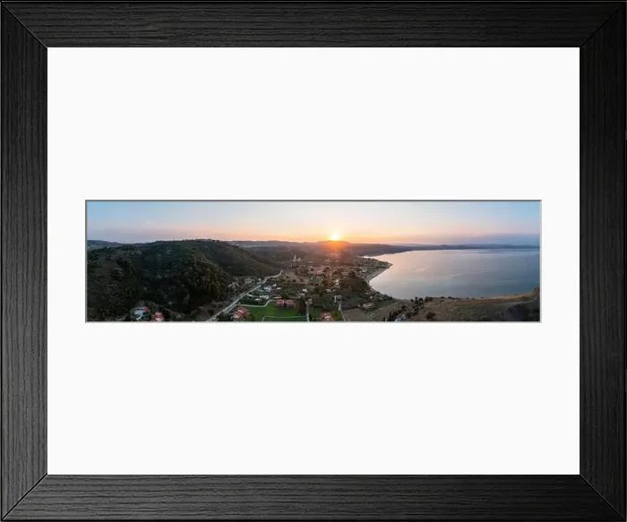 Framed Print : Sithonia Chalkidiki, Greece. Sunrise over calm ocean aerial panoramic view