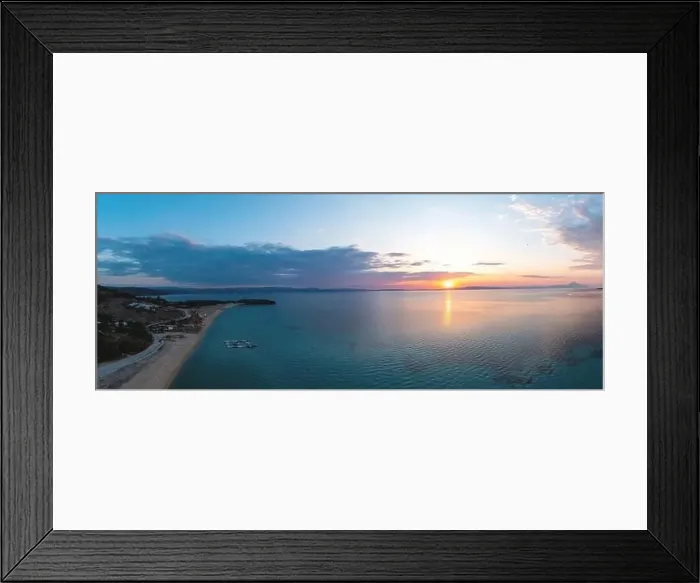 Framed Print : Sithonia Chalkidiki, Greece. Sunrise over calm ocean aerial panoramic view