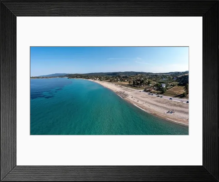 Framed Print : Sithonia Chalkidiki, Greece. Ormos Panagias bay aerial drone view, sandy beach and clear blue sky, sunny summer day Framed Print : Sithonia Chalkidiki, Greece. Ormos Panagias bay aerial drone view, sandy beach and clear blue sky, sunny summer day