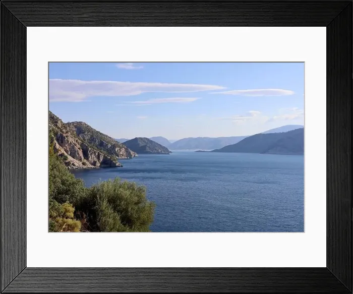 Framed Print : Picturesque view to Mediterranean sea with rocky cliff Framed Print : Picturesque view to Mediterranean sea with rocky cliff