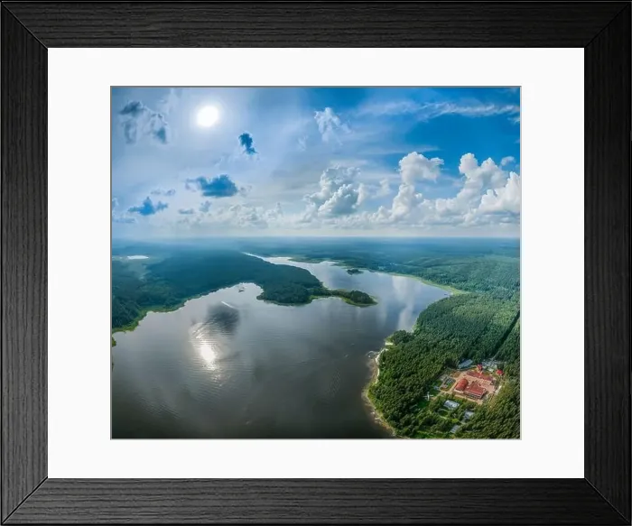 Framed Print : Big lake with green shores in bright sun light Framed Print : Big lake with green shores in bright sun light