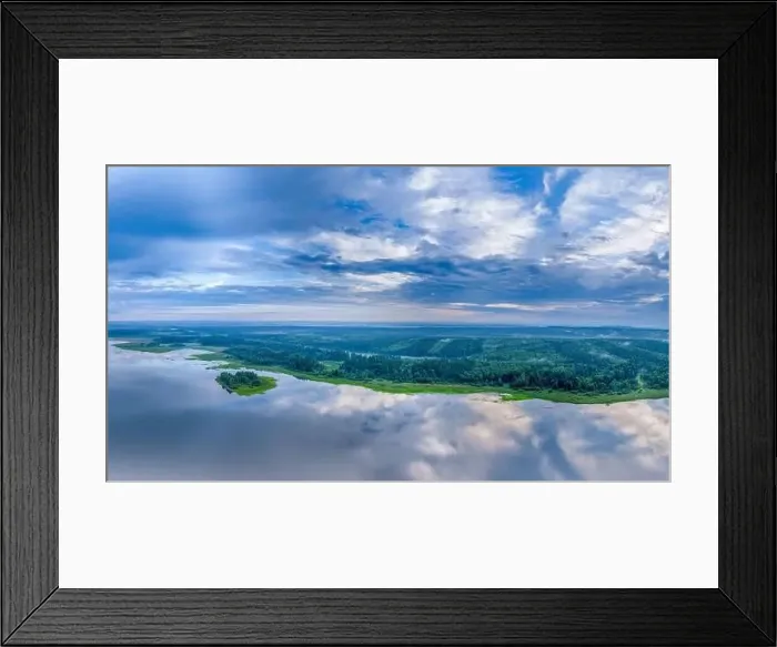 Framed Print : Big lake and island with green shores with morning fog in dawn Framed Print : Big lake and island with green shores with morning fog in dawn