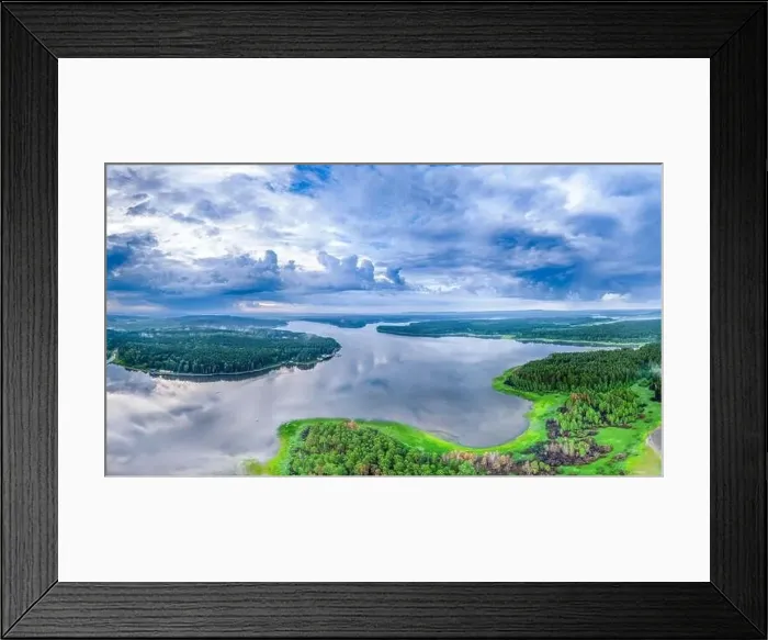 Framed Print : Big lake with green shores in bright sun light Framed Print : Big lake with green shores in bright sun light