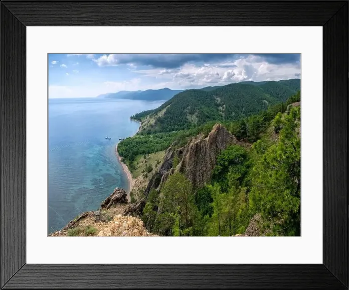 Framed Print : Summer view above from cliff to lake Baikal on sunny day. Beautiful panoramic landscape with clouds Framed Print : Summer view above from cliff to lake Baikal on sunny day. Beautiful panoramic landscape with clouds