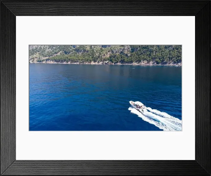 Framed Print : Aerial view of motor boat in sa Costera Framed Print : Aerial view of motor boat in sa Costera
