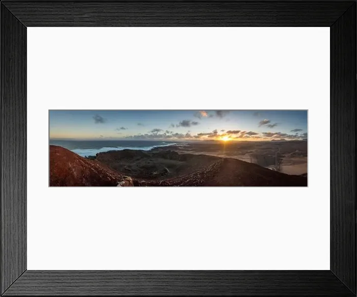 Framed Print : sunrise panorama view from volcano on ocean coast and village on lanzarote Framed Print : sunrise panorama view from volcano on ocean coast and village on lanzarote