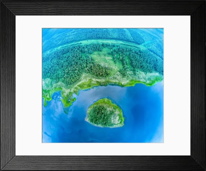Framed Print : Big lake and island with green shores with morning fog in dawn Framed Print : Big lake and island with green shores with morning fog in dawn