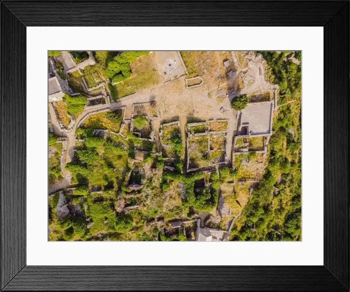 Framed Print : Old city. Sunny view of ruins of citadel in Stari Bar town near Bar city, Montenegro. Drone view Framed Print : Old city. Sunny view of ruins of citadel in Stari Bar town near Bar city, Montenegro. Drone view