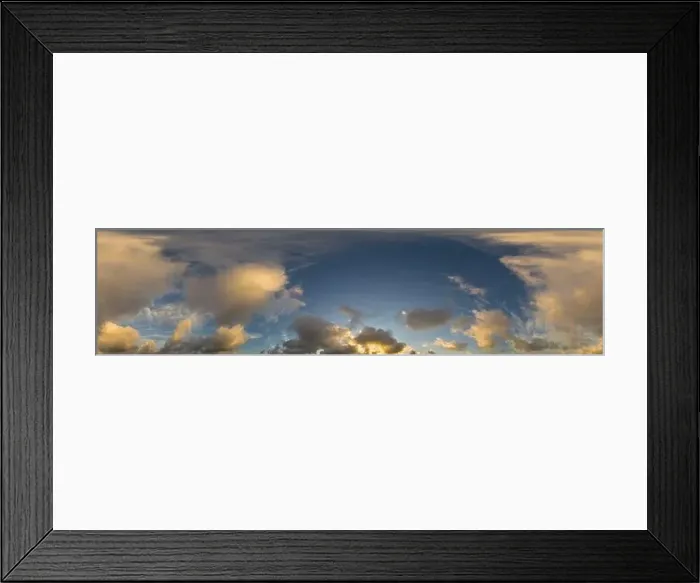 Framed Print : Golden glowing sunset sky panorama with Cirrus clouds Framed Print : Golden glowing sunset sky panorama with Cirrus clouds